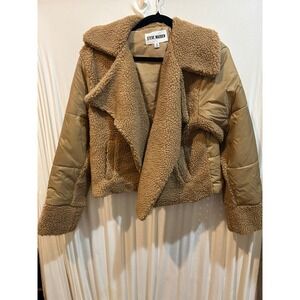 Steve Madden‎ Teddy Fleece Puffer Jacket Tan Brown Collared Coat
